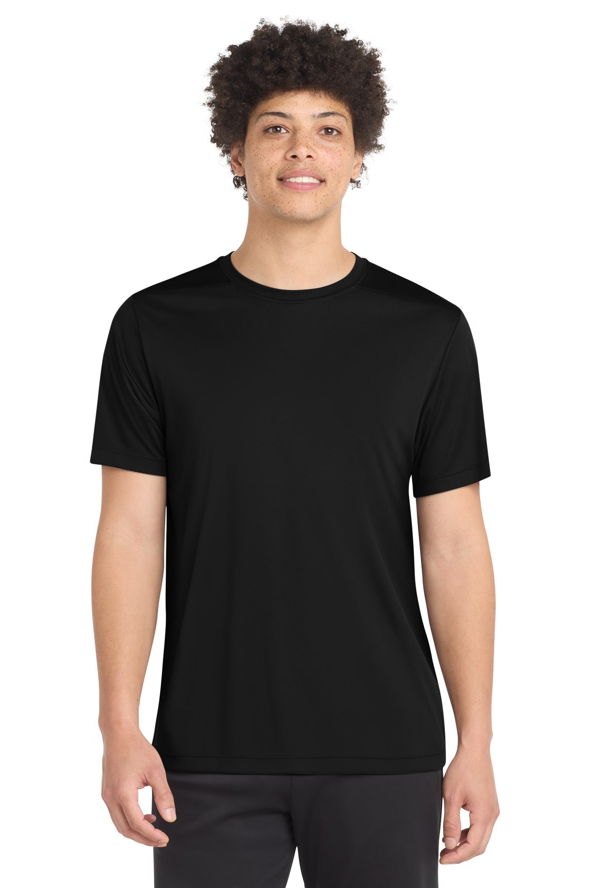 Front View of Black Sport-Tek Posi-UV Pro Tee. ST420 plain