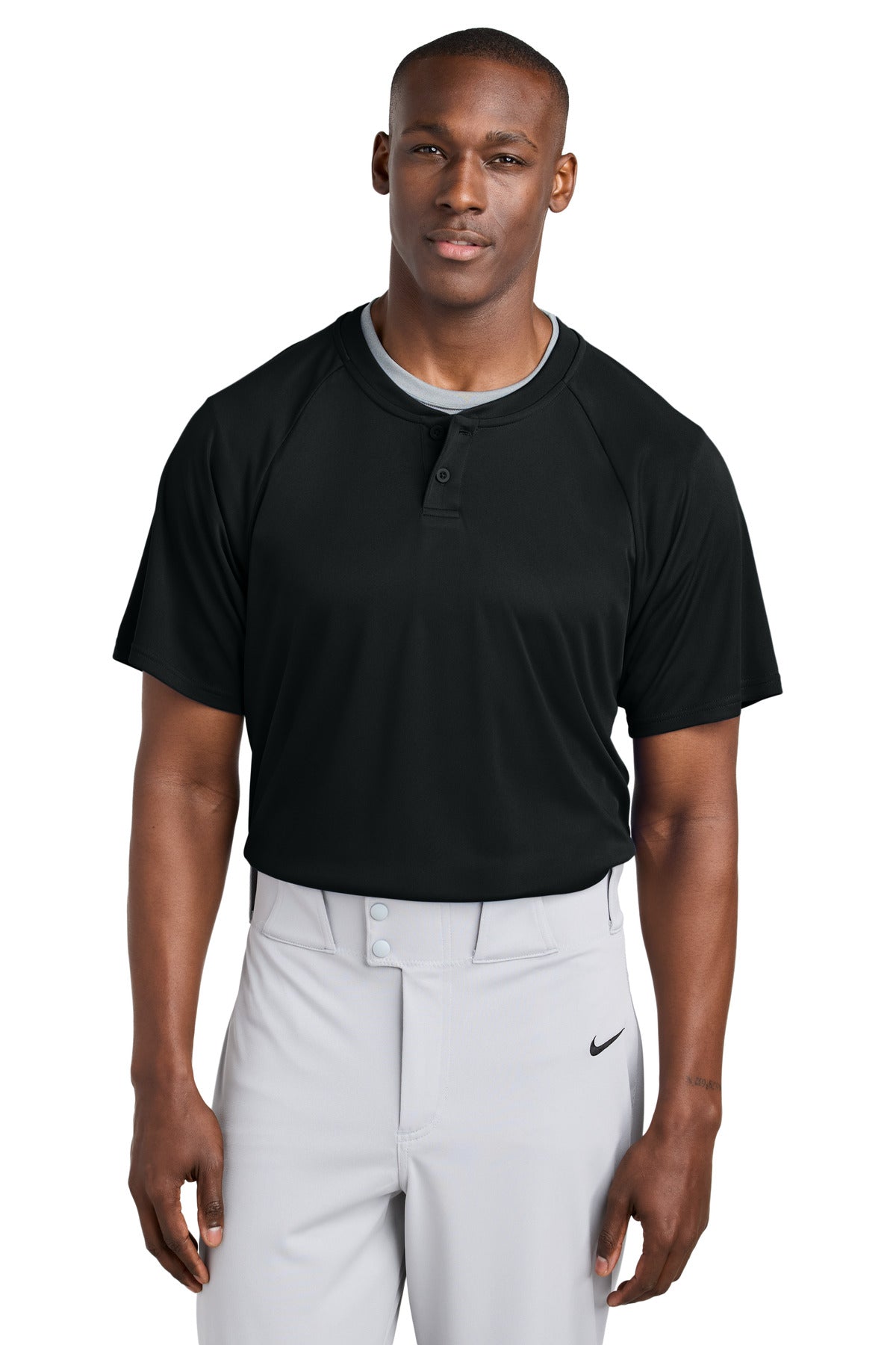 Front View of Black Sport-Tek PosiCharge Competitor 2-Button Henley ST359 plain