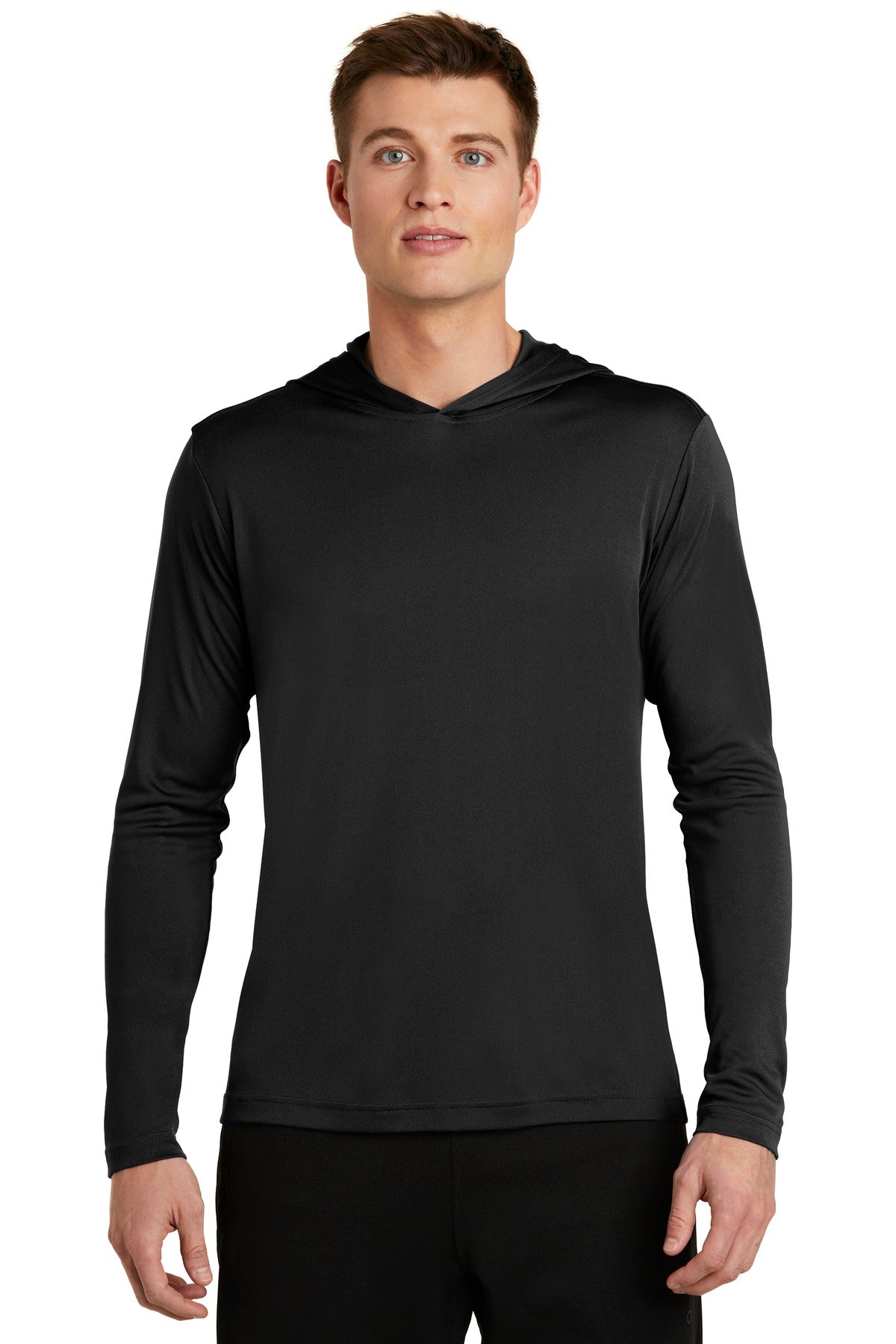 Front View of Black Sport-Tek PosiCharge Competitor Hooded Pullover. ST358 plain