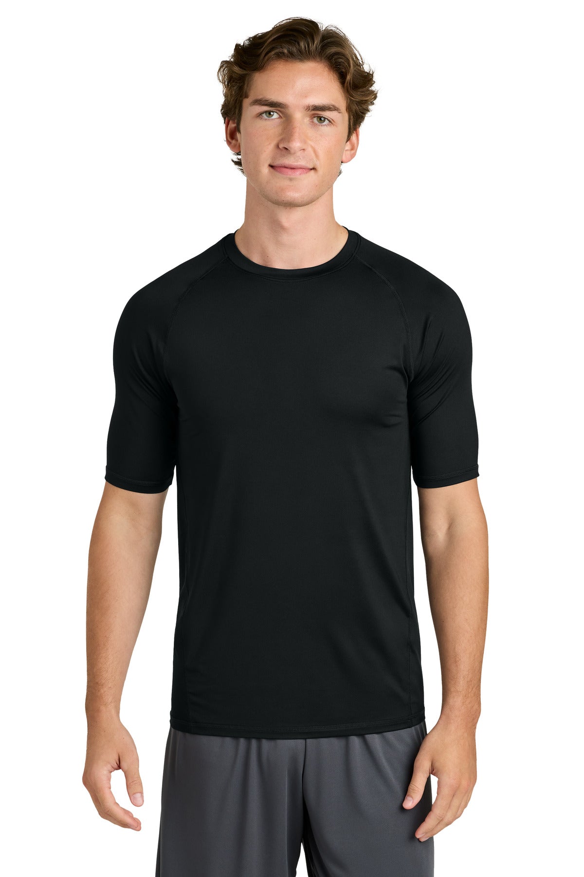 Front View of Black Sport-Tek PosiCharge Compression 1/2-Sleeve Tee ST120 plain
