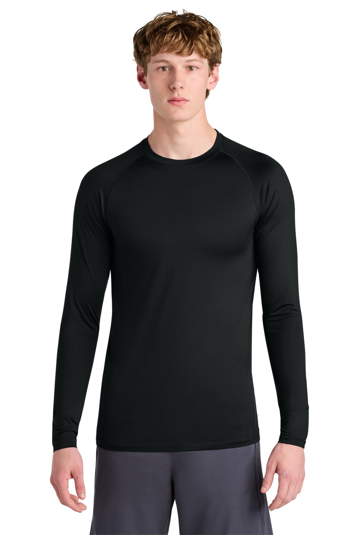 Front View of Black Sport-Tek PosiCharge Compression Long Sleeve Tee ST120LS plain
