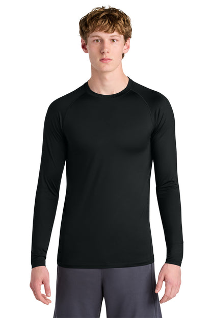 Front View of Black Sport-Tek PosiCharge Compression Long Sleeve Tee ST120LS plain