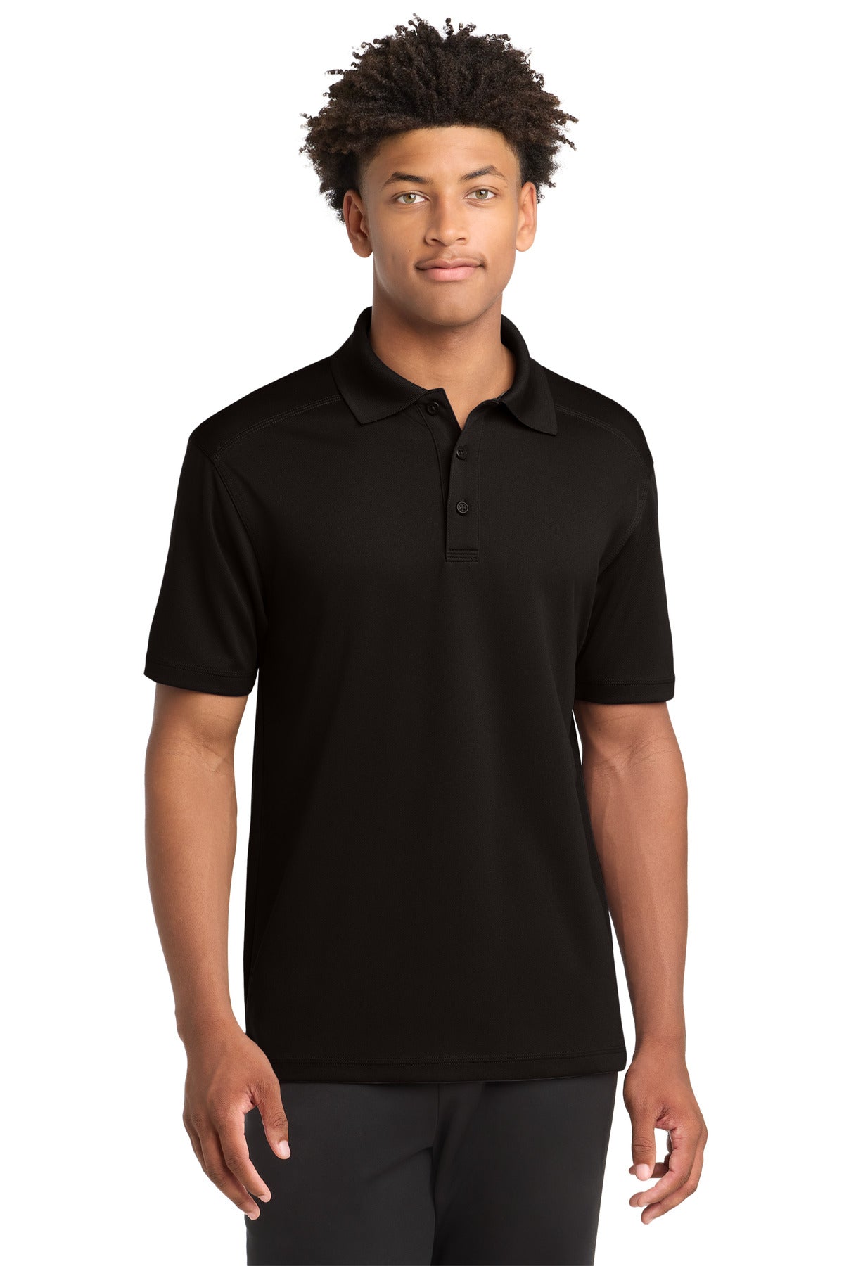 Front View of Black Sport-Tek PosiCharge Micro-Mesh Polo. ST680 plain