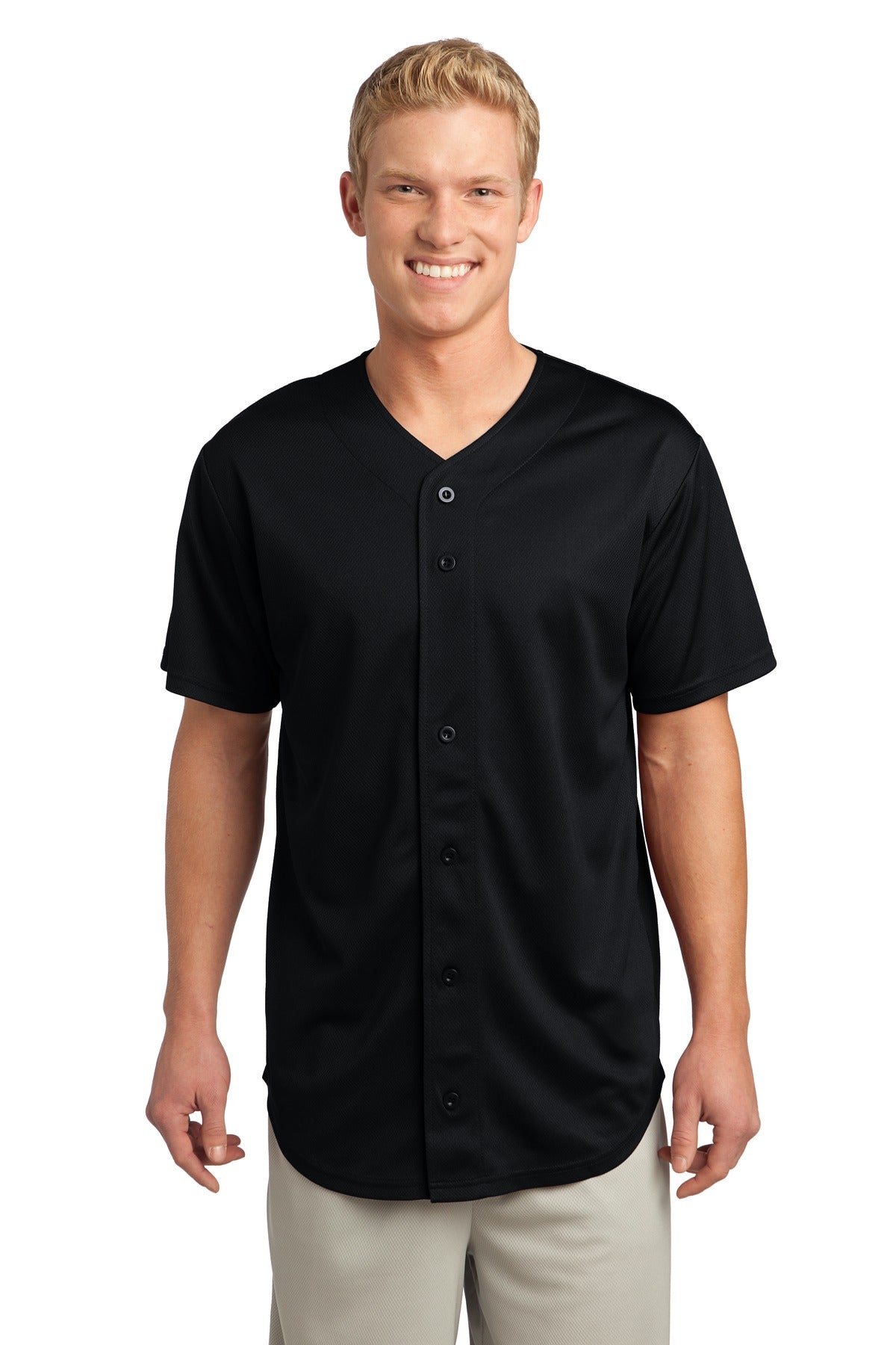 Front View of Black Sport-Tek PosiCharge Tough Mesh Full-Button Jersey. ST220 plain