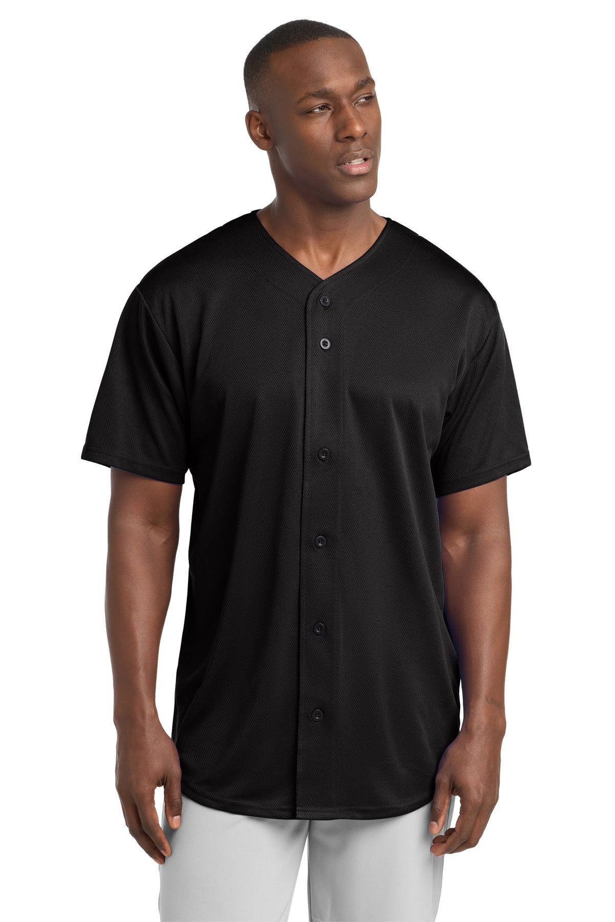 Front View of Black Sport-Tek PosiCharge Tough Mesh Full-Button Jersey. ST220 plain