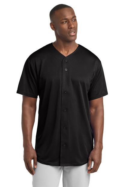 Front View of Black Sport-Tek PosiCharge Tough Mesh Full-Button Jersey. ST220 plain