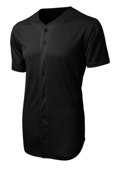 Front View of Black Sport-Tek PosiCharge Tough Mesh Full-Button Jersey. ST220 plain