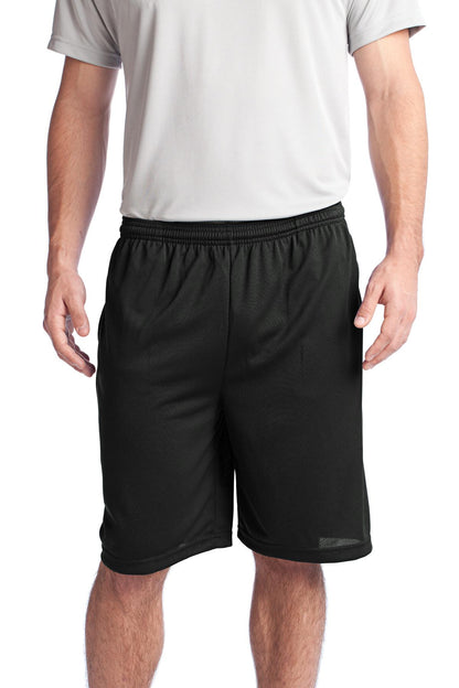 Front View of Black Sport-Tek PosiCharge Tough Mesh Pocket Short. ST312 plain