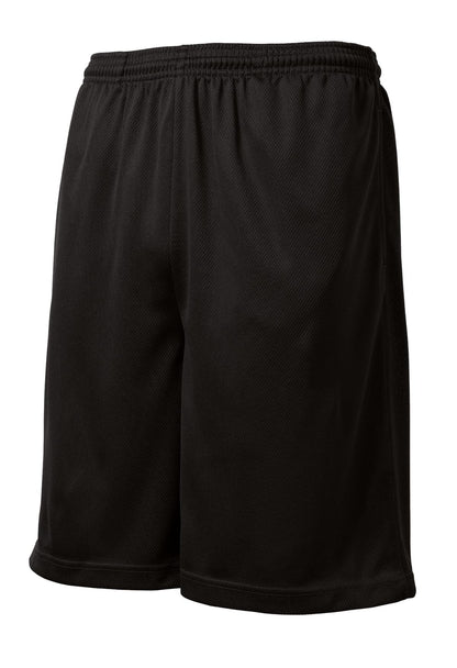 Front View of Black Sport-Tek PosiCharge Tough Mesh Pocket Short. ST312 plain