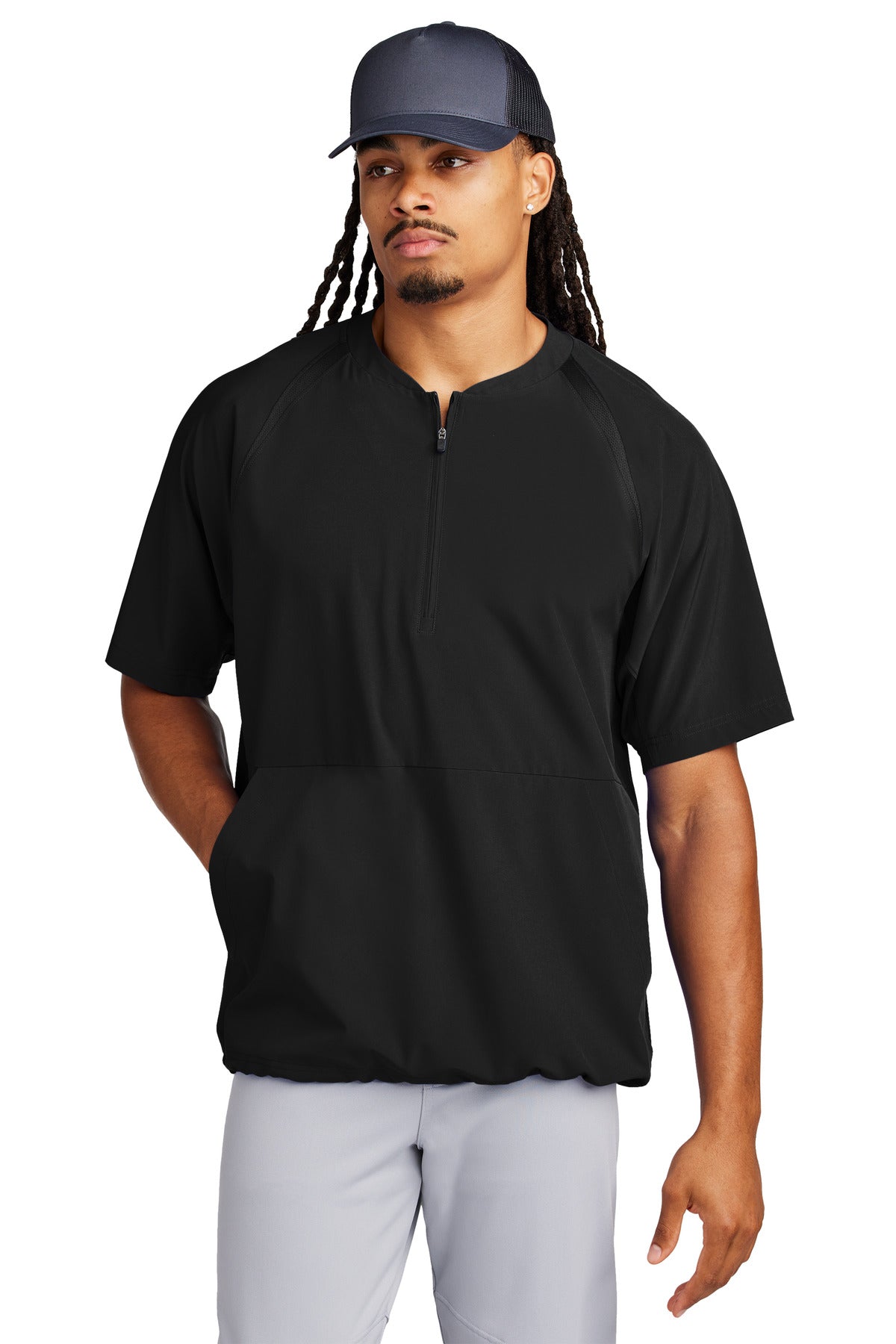 Front View of Black Sport-Tek Repeat 1/2-Zip Short Sleeve Jacket JST489 plain