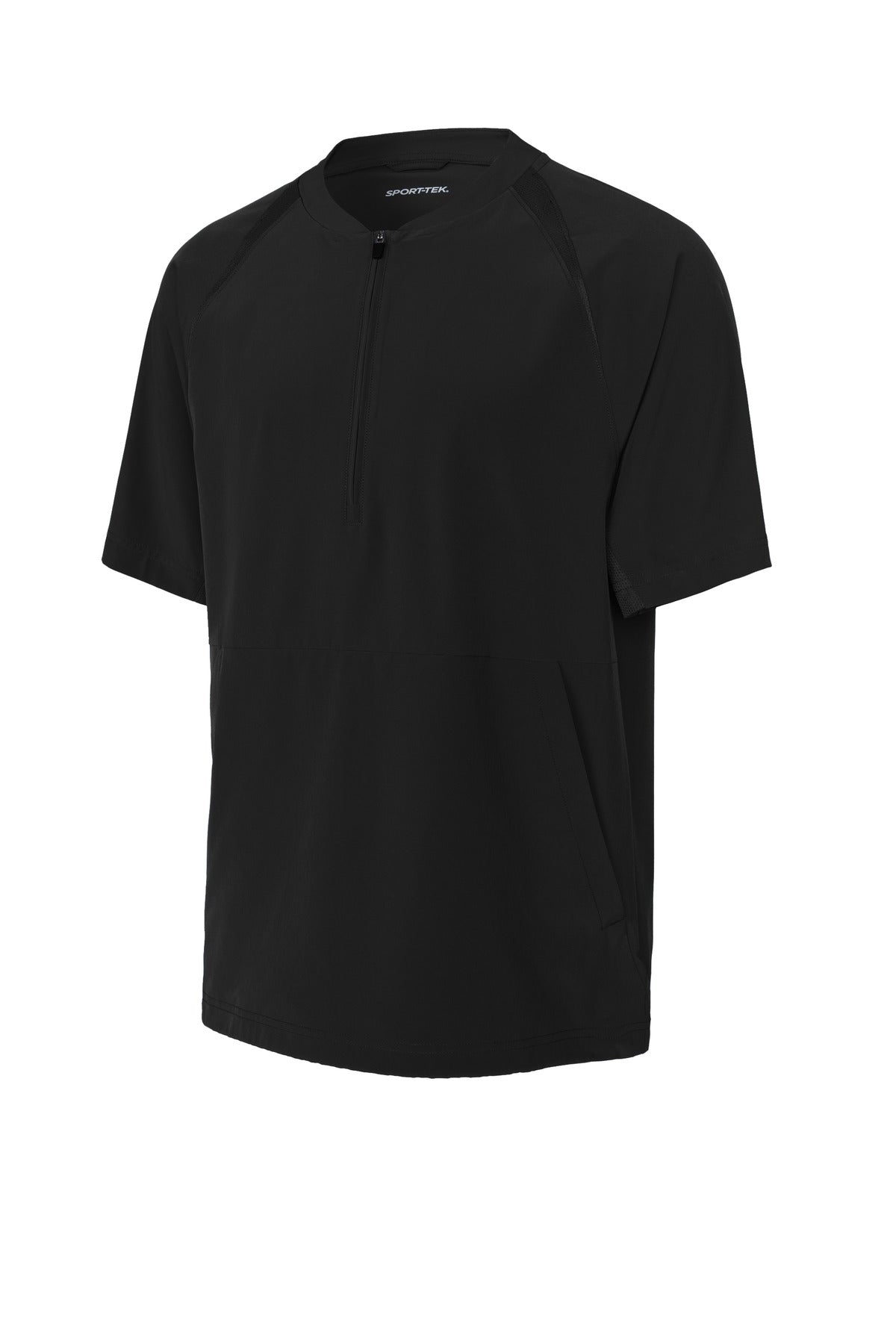 Front View of Black Sport-Tek Repeat 1/2-Zip Short Sleeve Jacket JST489 plain