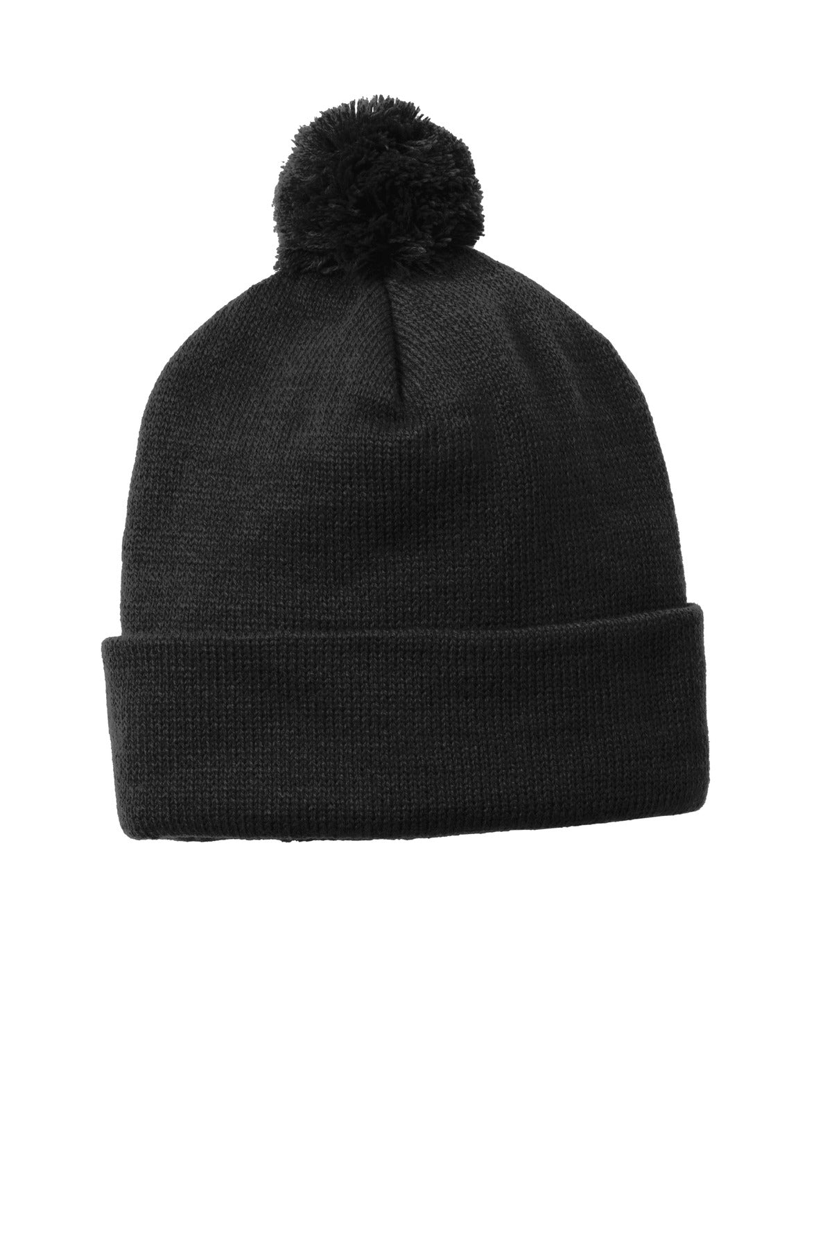 Front View of Black Sport-Tek Solid Pom Pom Beanie. STC37