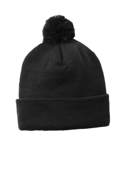 Front View of Black Sport-Tek Solid Pom Pom Beanie. STC37
