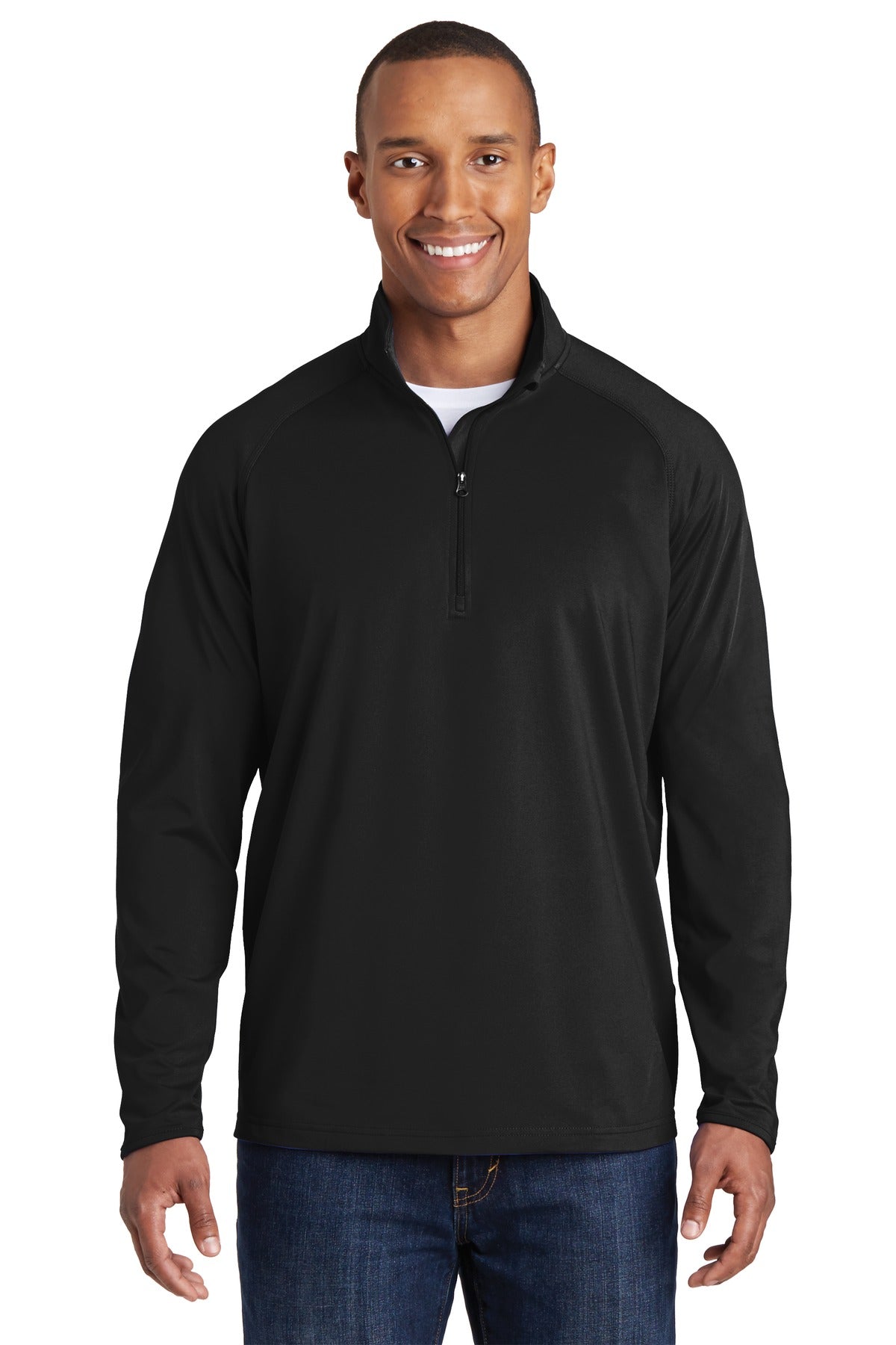 Front View of Black Sport-Tek Sport-Wick Stretch 1/4-Zip Pullover. ST850 plain