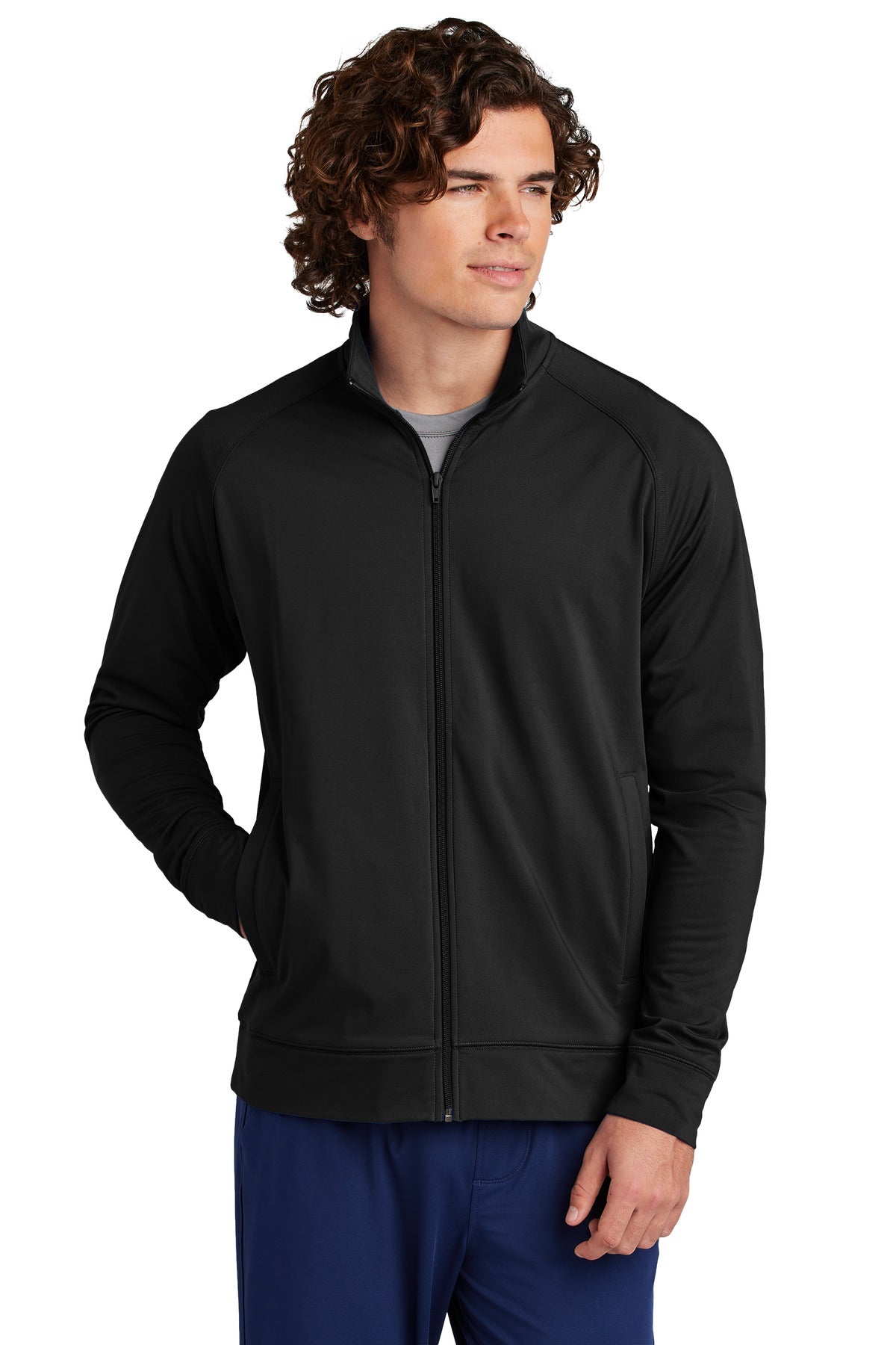 Front View of Black Sport-Tek Sport-Wick Stretch Full-Zip Cadet Jacket ST857 plain