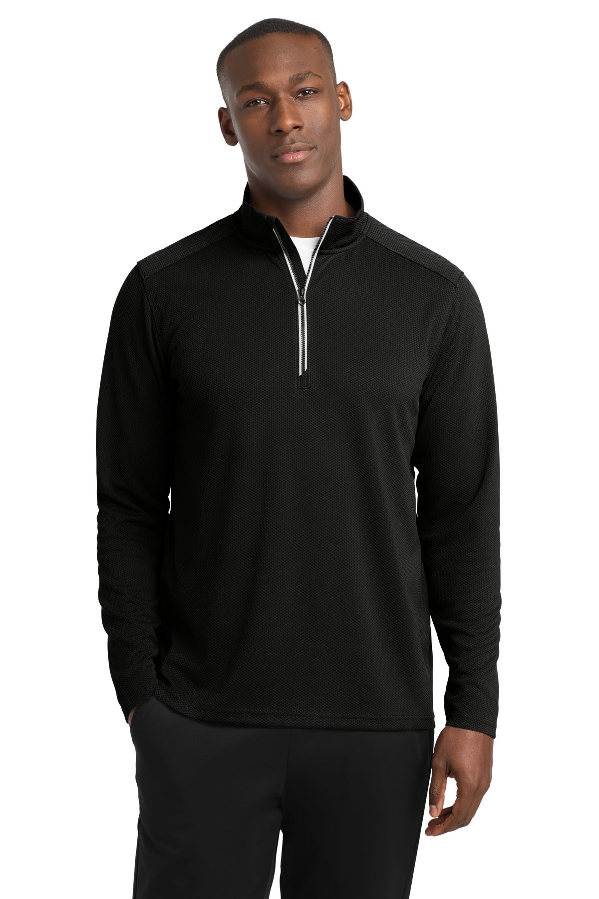 Front View of Black Sport-Tek Sport-Wick Textured 1/4-Zip Pullover. ST860 plain