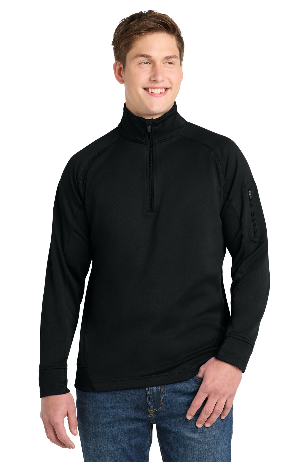 Front View of Black Sport-Tek Tech Fleece 1/4-Zip Pullover. F247 plain