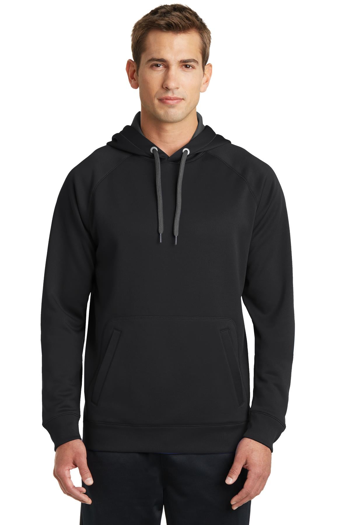 Front View of Black Sport-Tek Tech Fleece Hooded Sweatshirt. ST250 plain
