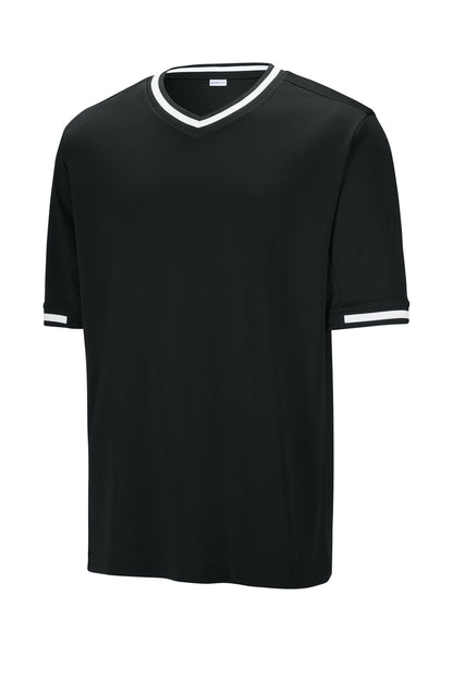 Front View of Black Sport-Tek Tough Mesh V-Neck Baseball Jersey ST221 plain