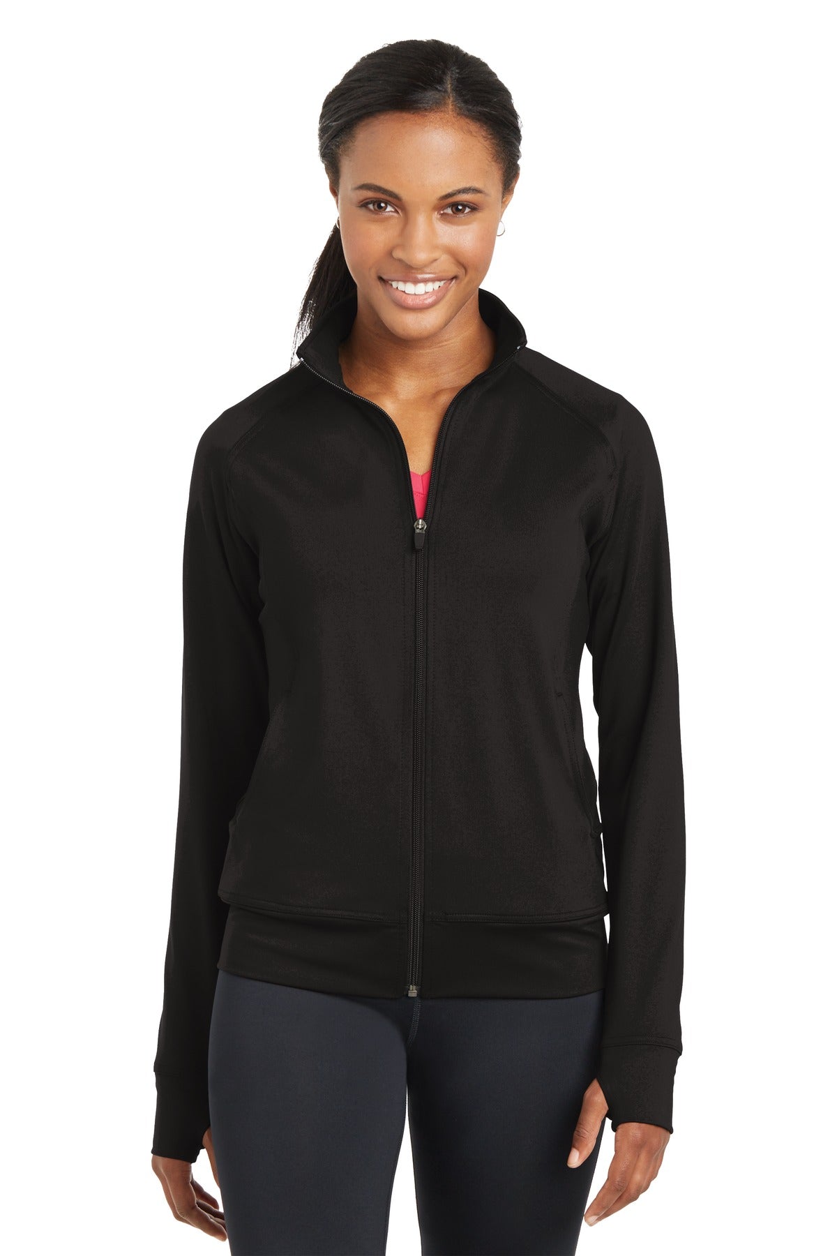 Front View of Black Sport-Tek Women's NRG Fitness Jacket. LST885 plain