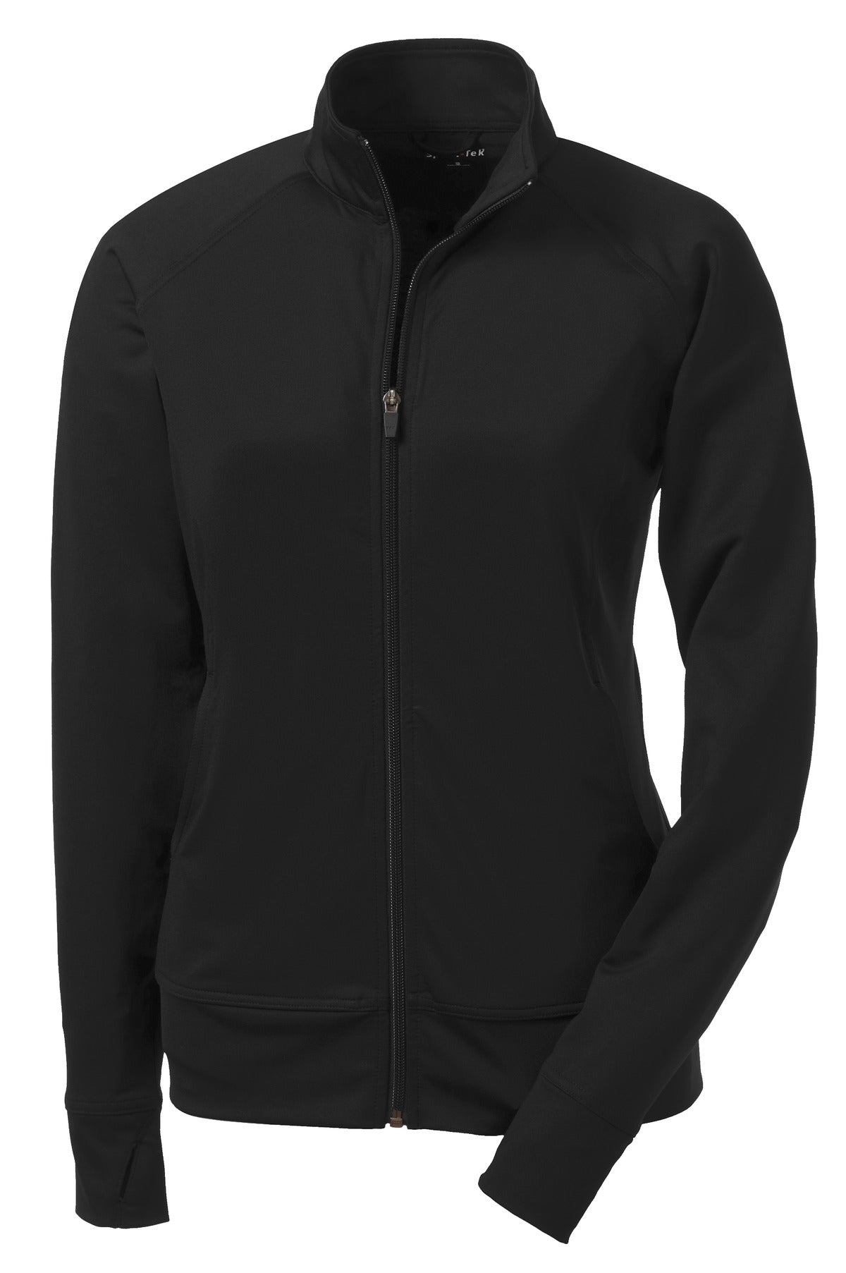 Front View of Black Sport-Tek Women's NRG Fitness Jacket. LST885 plain