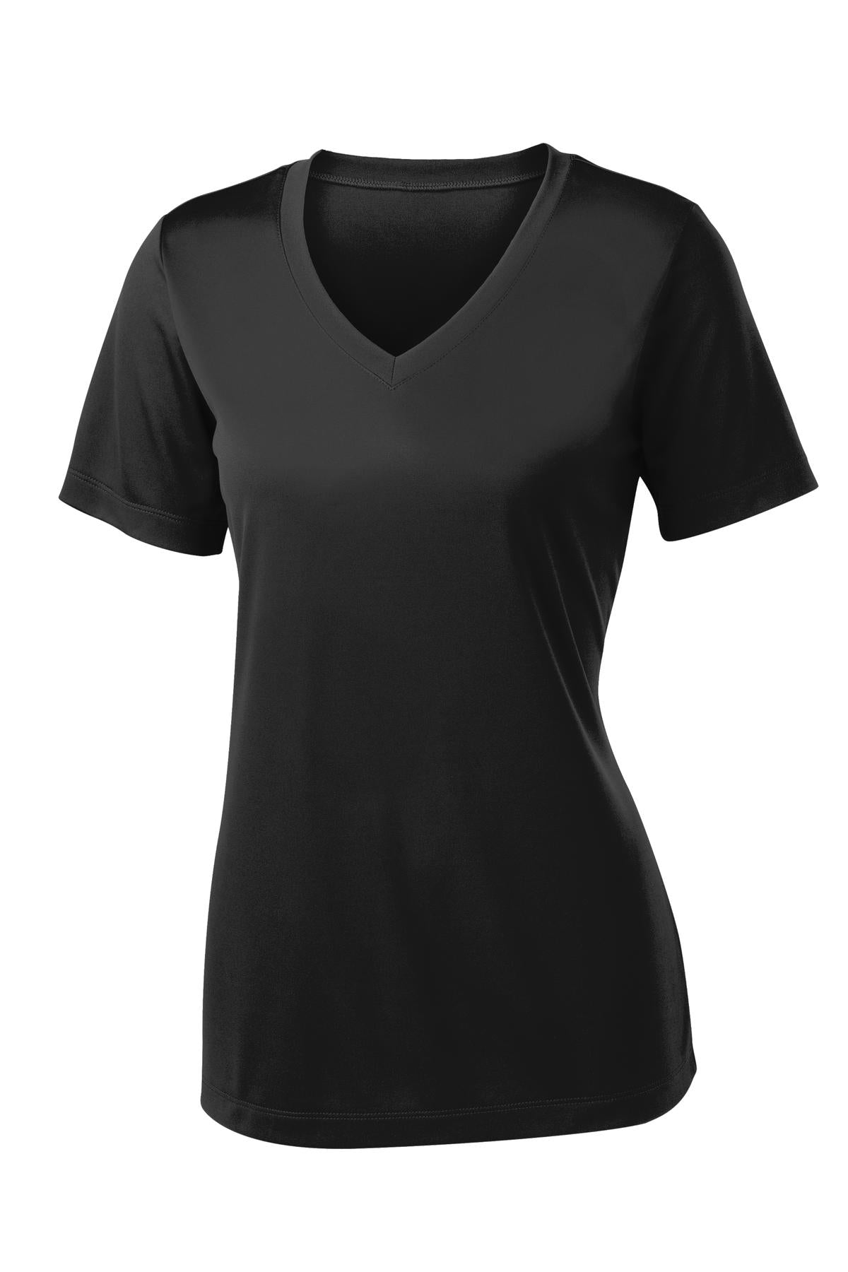 Front View of Black Sport-Tek Women's PosiCharge Competitor V-Neck Tee. LST353 plain