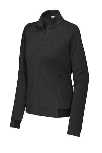 Front View of Black Sport-Tek Women's PosiCharge Strive Full-Zip LST570 plain