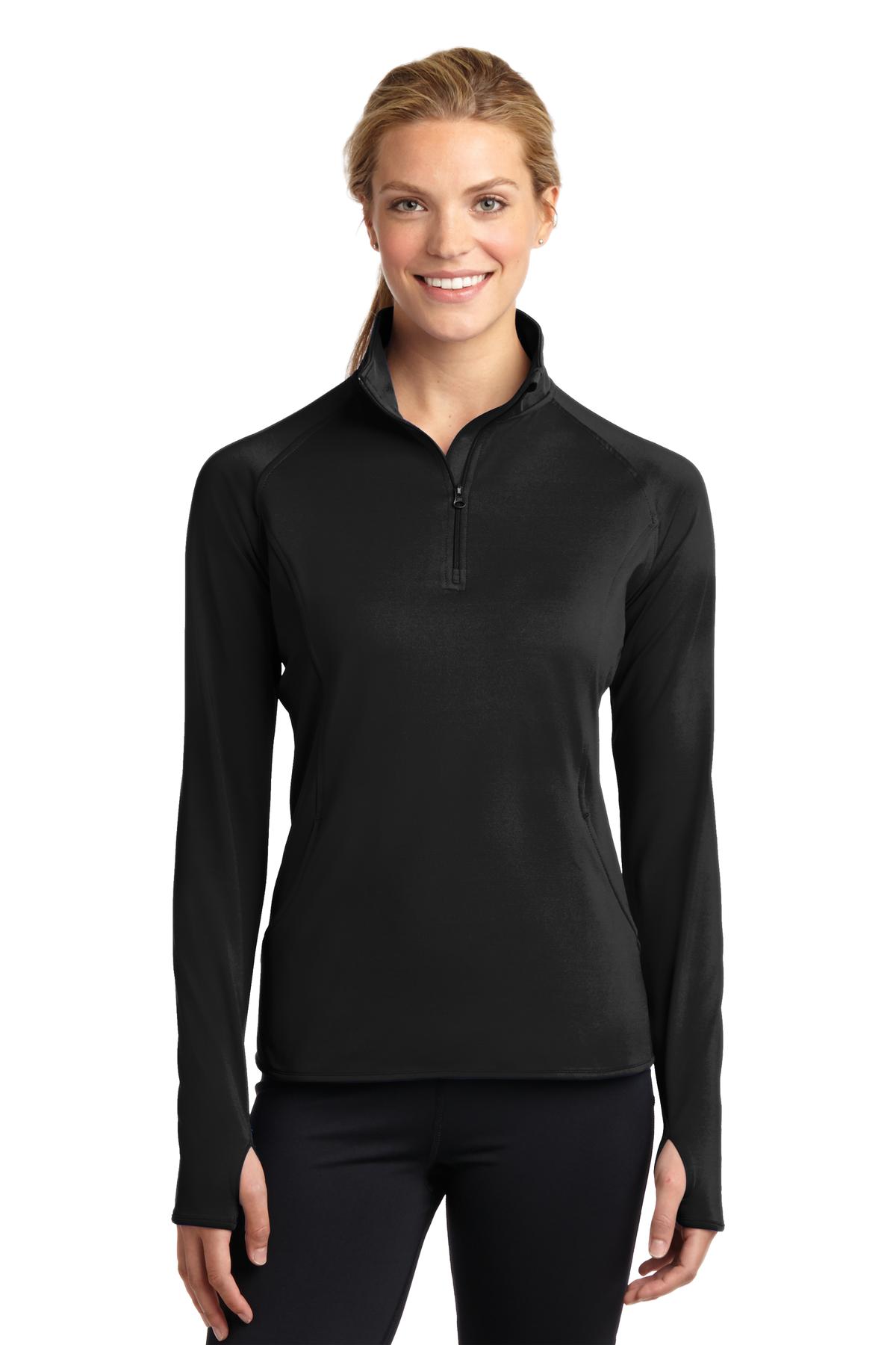 Front View of Black Sport-Tek Women's Sport-Wick Stretch 1/4-Zip Pullover. LST850 plain