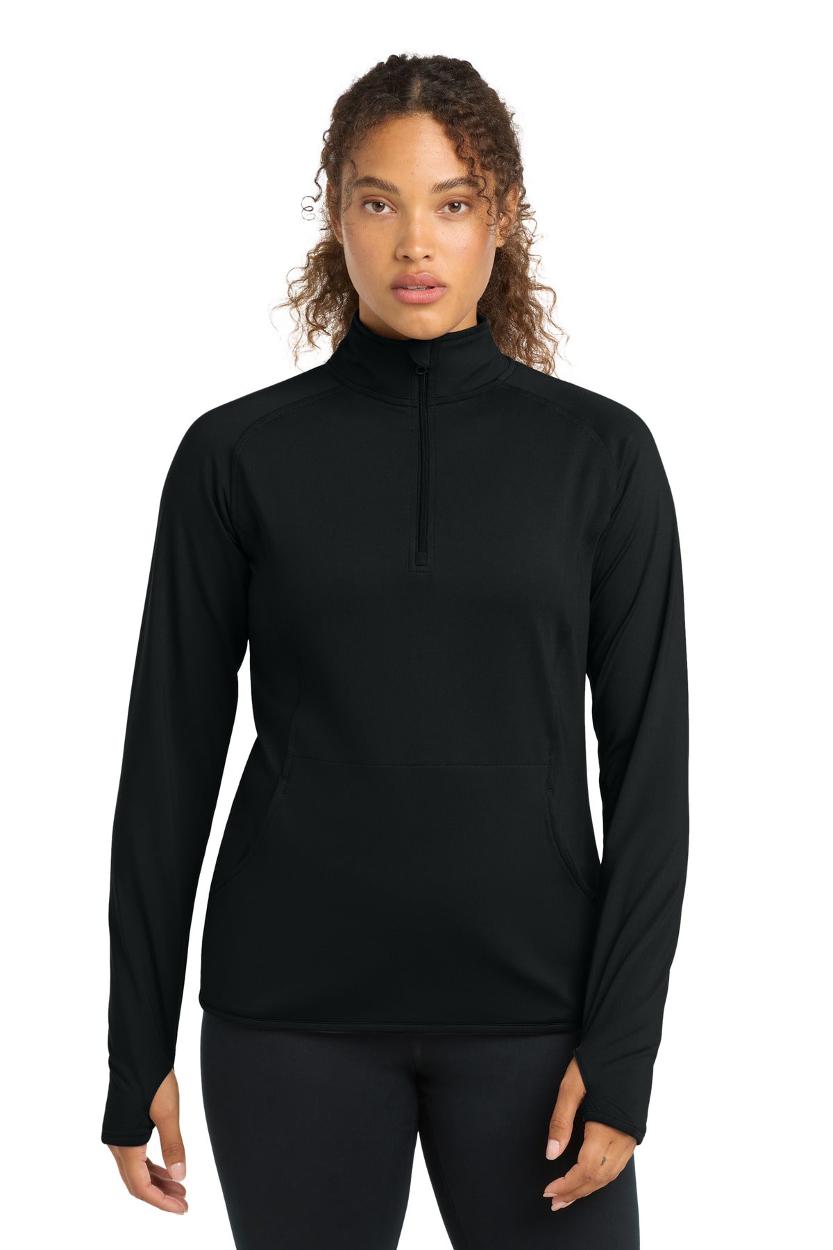 Front View of Black Sport-Tek Women's Sport-Wick Stretch 1/4-Zip Pullover. LST850 plain