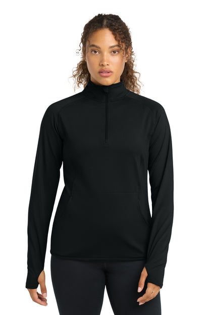 Front View of Black Sport-Tek Women's Sport-Wick Stretch 1/4-Zip Pullover. LST850 plain