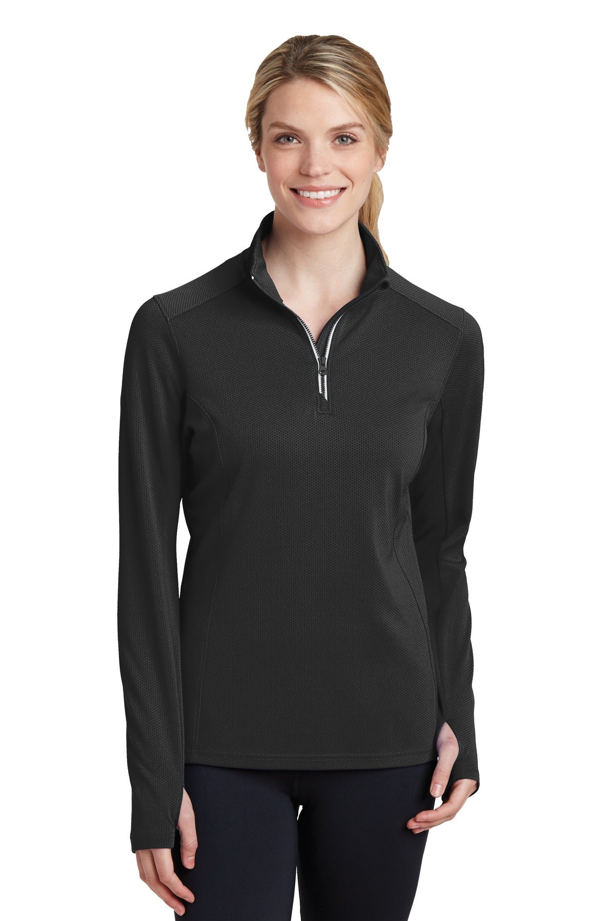 Front View of Black Sport-Tek Women's Sport-Wick Textured 1/4-Zip Pullover. LST860 plain