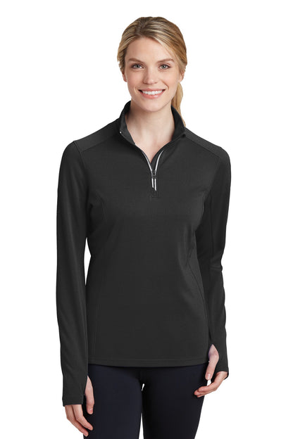 Front View of Black Sport-Tek Women's Sport-Wick Textured 1/4-Zip Pullover. LST860 plain