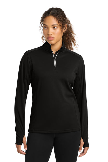 Front View of Black Sport-Tek Women's Sport-Wick Textured 1/4-Zip Pullover. LST860 plain