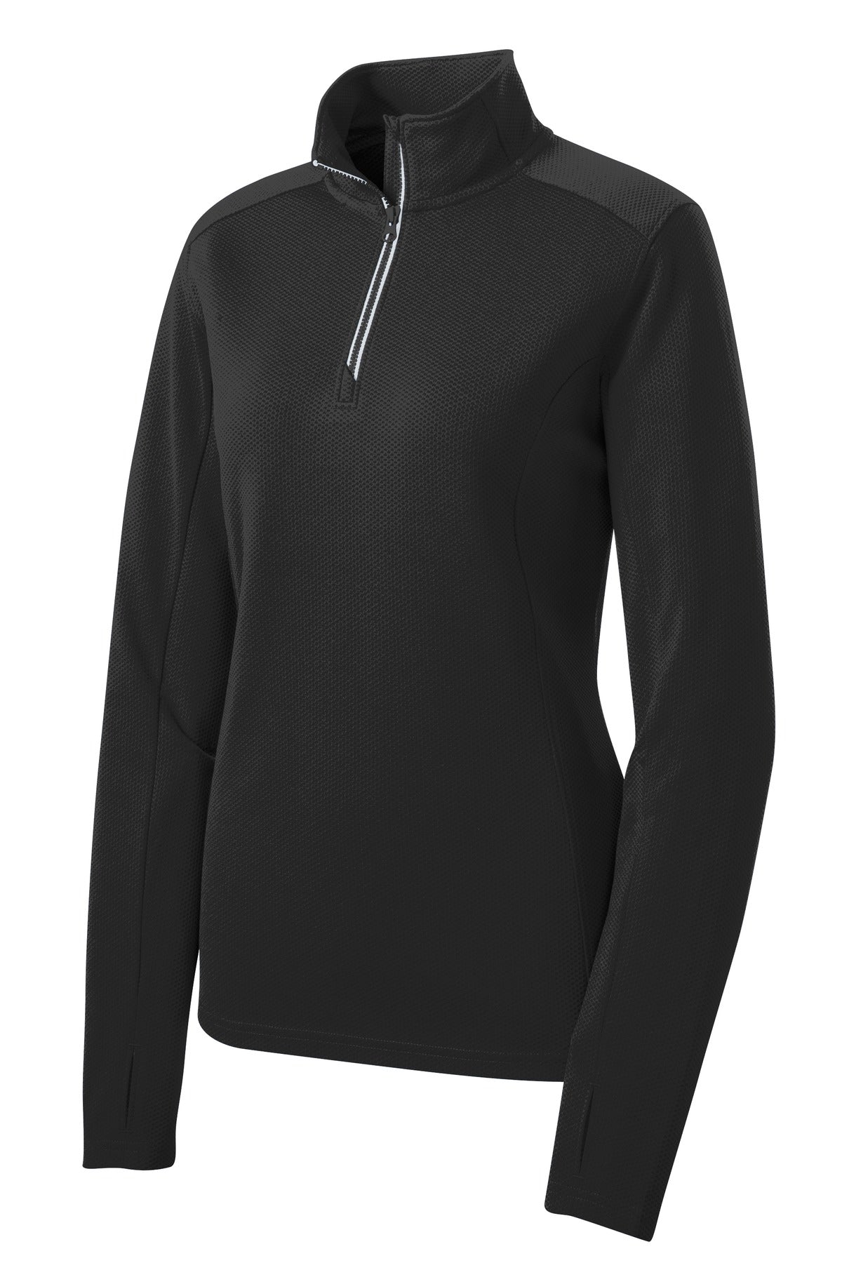 Front View of Black Sport-Tek Women's Sport-Wick Textured 1/4-Zip Pullover. LST860 plain