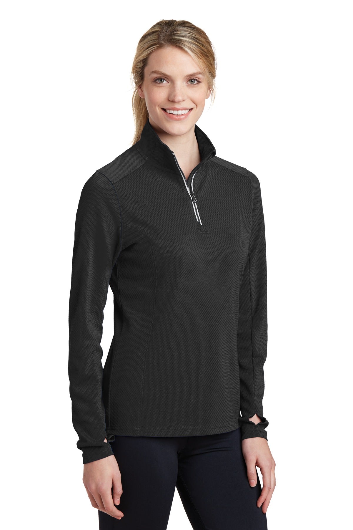 Front View of Black Sport-Tek Women's Sport-Wick Textured 1/4-Zip Pullover. LST860 plain