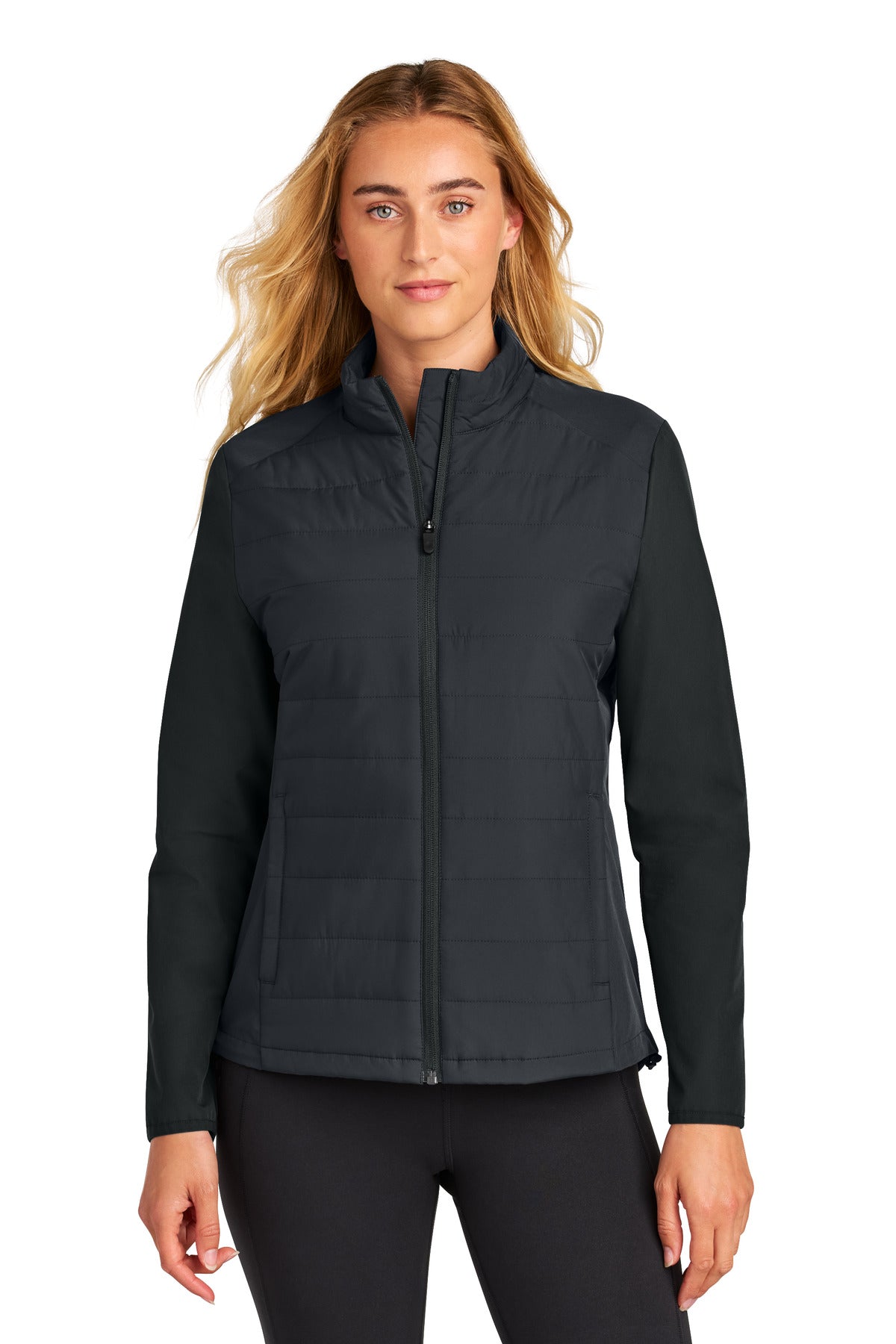 Front View of Black Sport-Tek Women's Teknical Hybrid Jacket LST940 plain