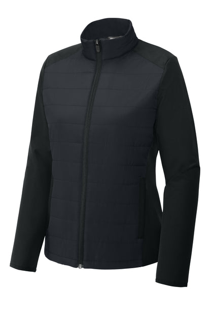 Front View of Black Sport-Tek Women's Teknical Hybrid Jacket LST940 plain