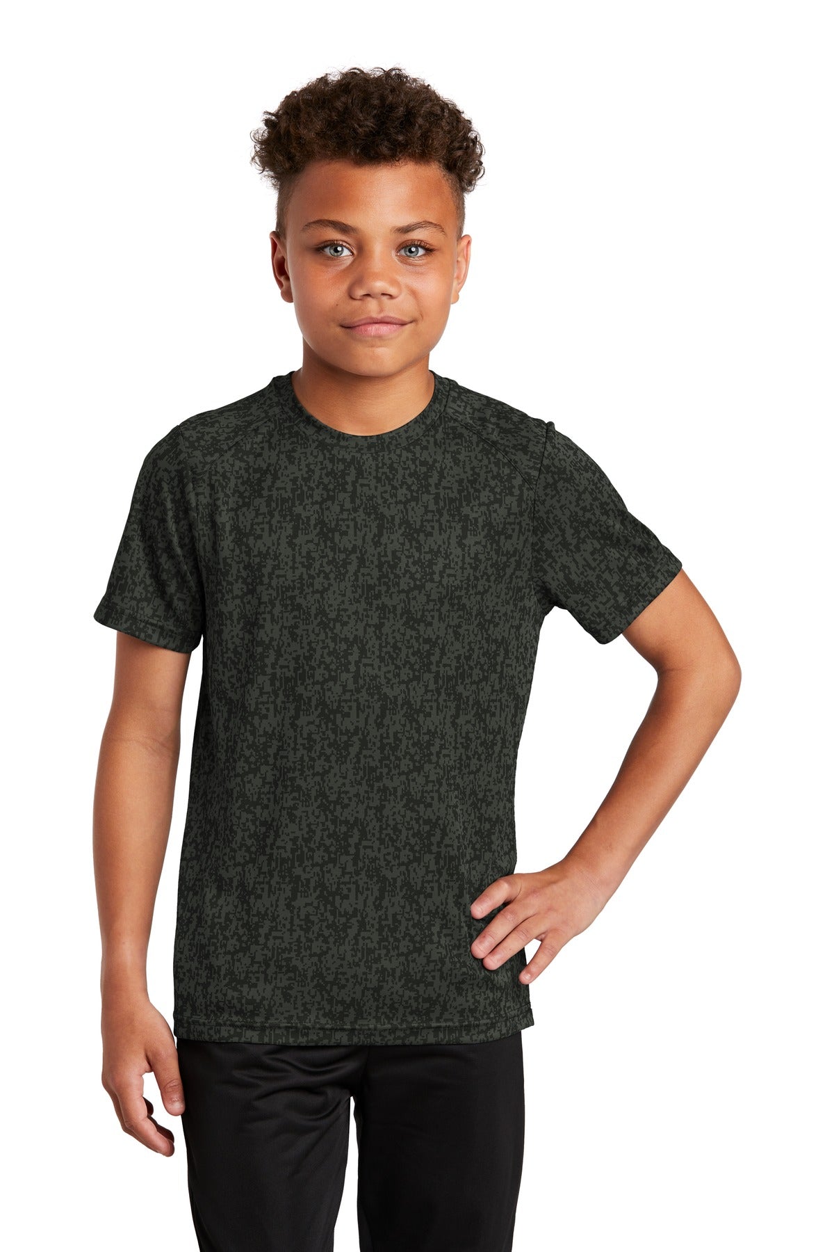 Front View of Black Sport-Tek Youth Digi Camo Tee. YST460 plain