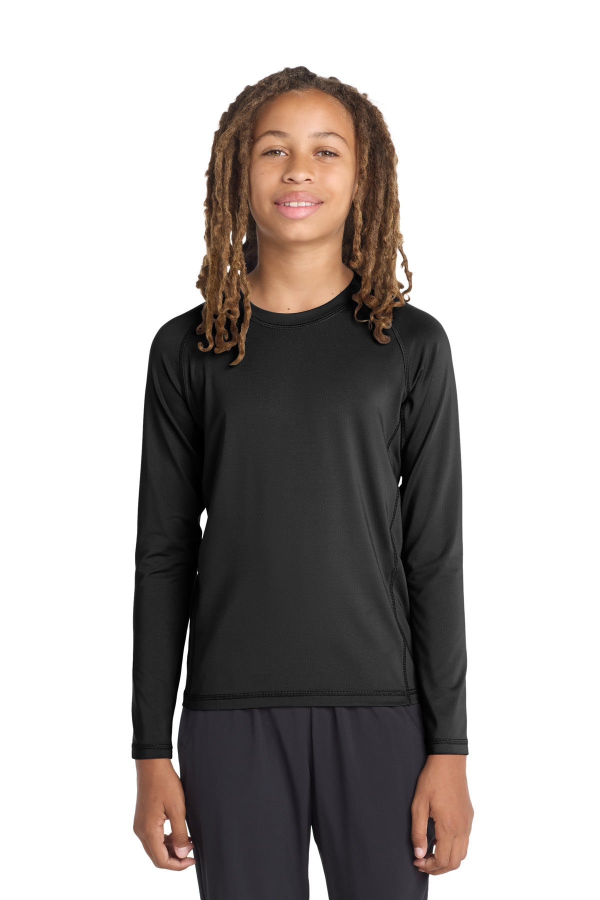 Front View of Black Sport-Tek Youth Long Sleeve Rashguard Tee. YST470LS plain