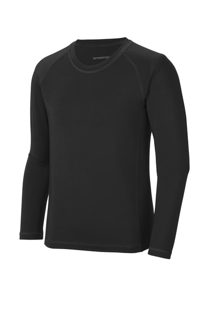 Front View of Black Sport-Tek Youth Long Sleeve Rashguard Tee. YST470LS plain