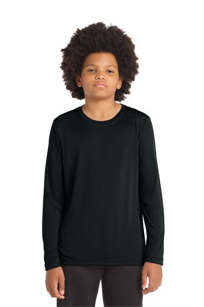Front View of Black Sport-Tek Youth Posi-UV Pro Long Sleeve Tee. YST420LS plain