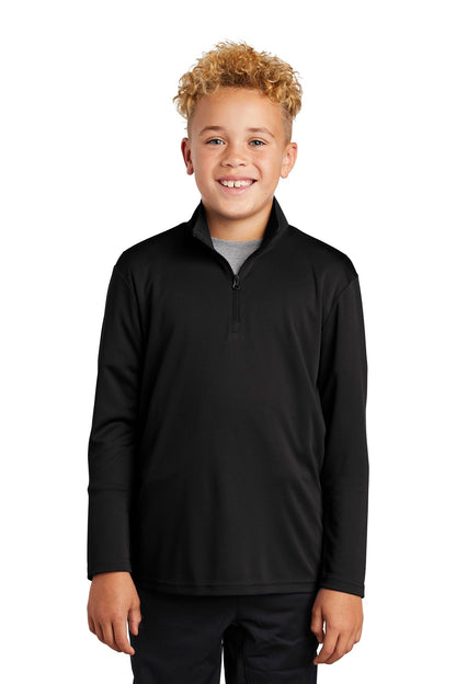 Front View of Black Sport-Tek Youth PosiCharge Competitor 1/4-Zip Pullover. YST357 plain