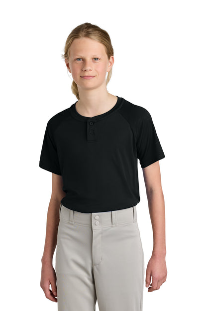 Front View of Black Sport-Tek Youth PosiCharge Competitor 2-Button Henley YST359 plain