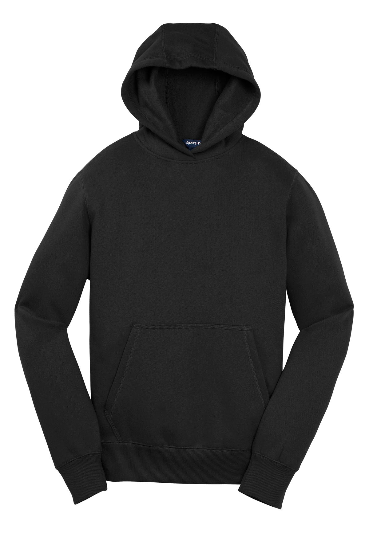 Front View of Black Sport-Tek Youth Pullover Hooded Sweatshirt. YST254 plain