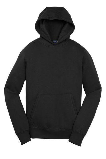 Front View of Black Sport-Tek Youth Pullover Hooded Sweatshirt. YST254 plain