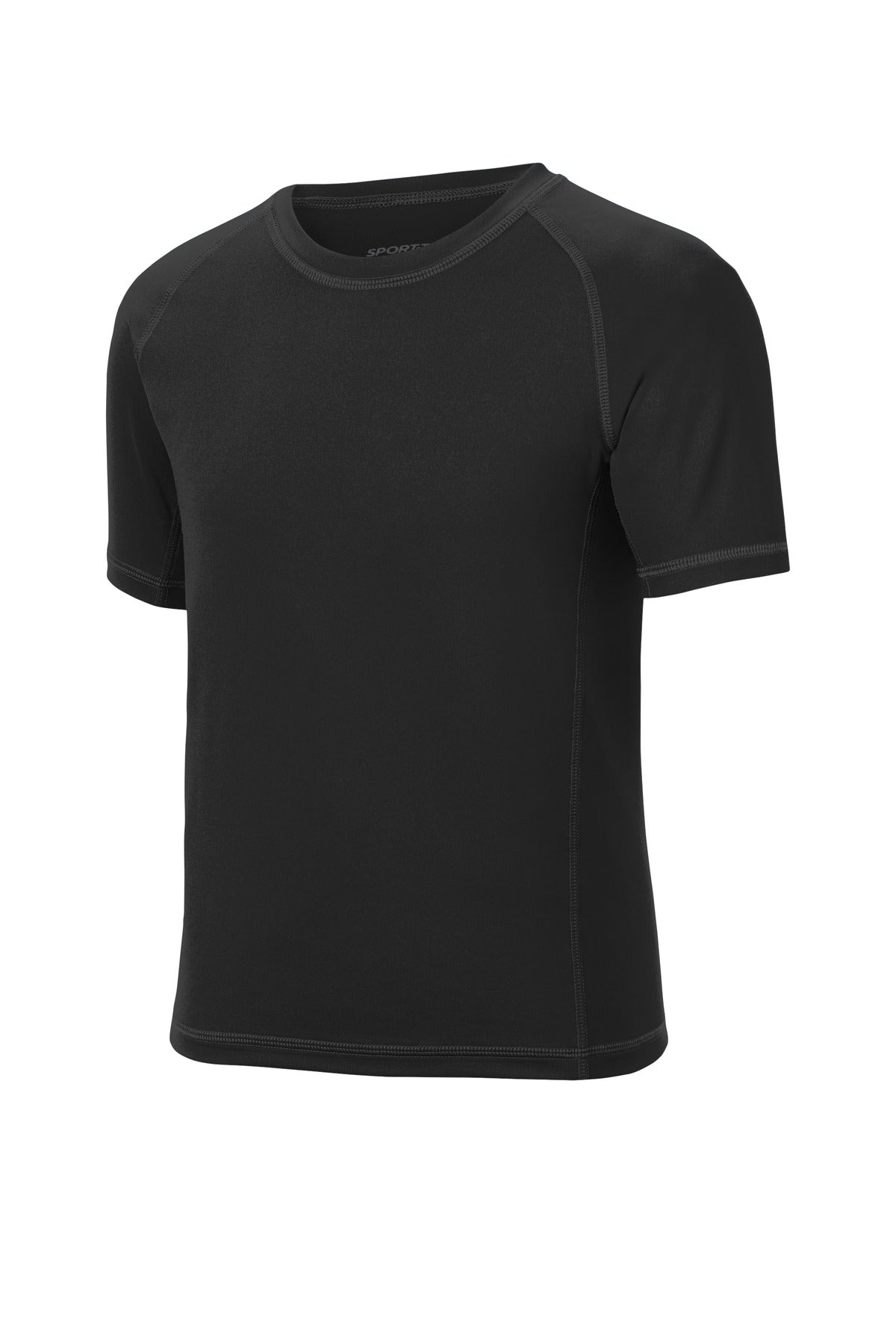 Front View of Black Sport-Tek Youth Rashguard Tee. YST470 plain