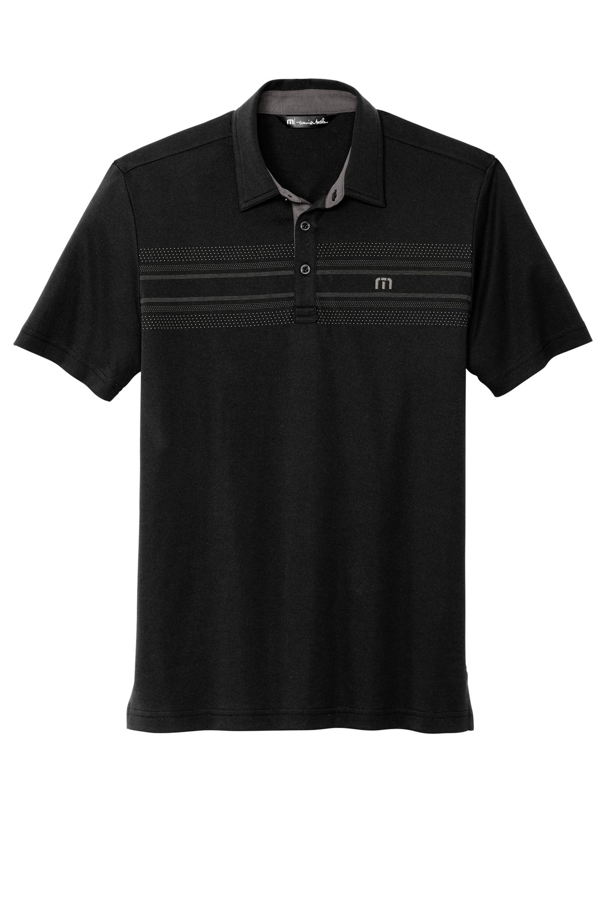 Front View of Black TravisMathew Monterey Chest Stripe Polo TM1MW450 plain