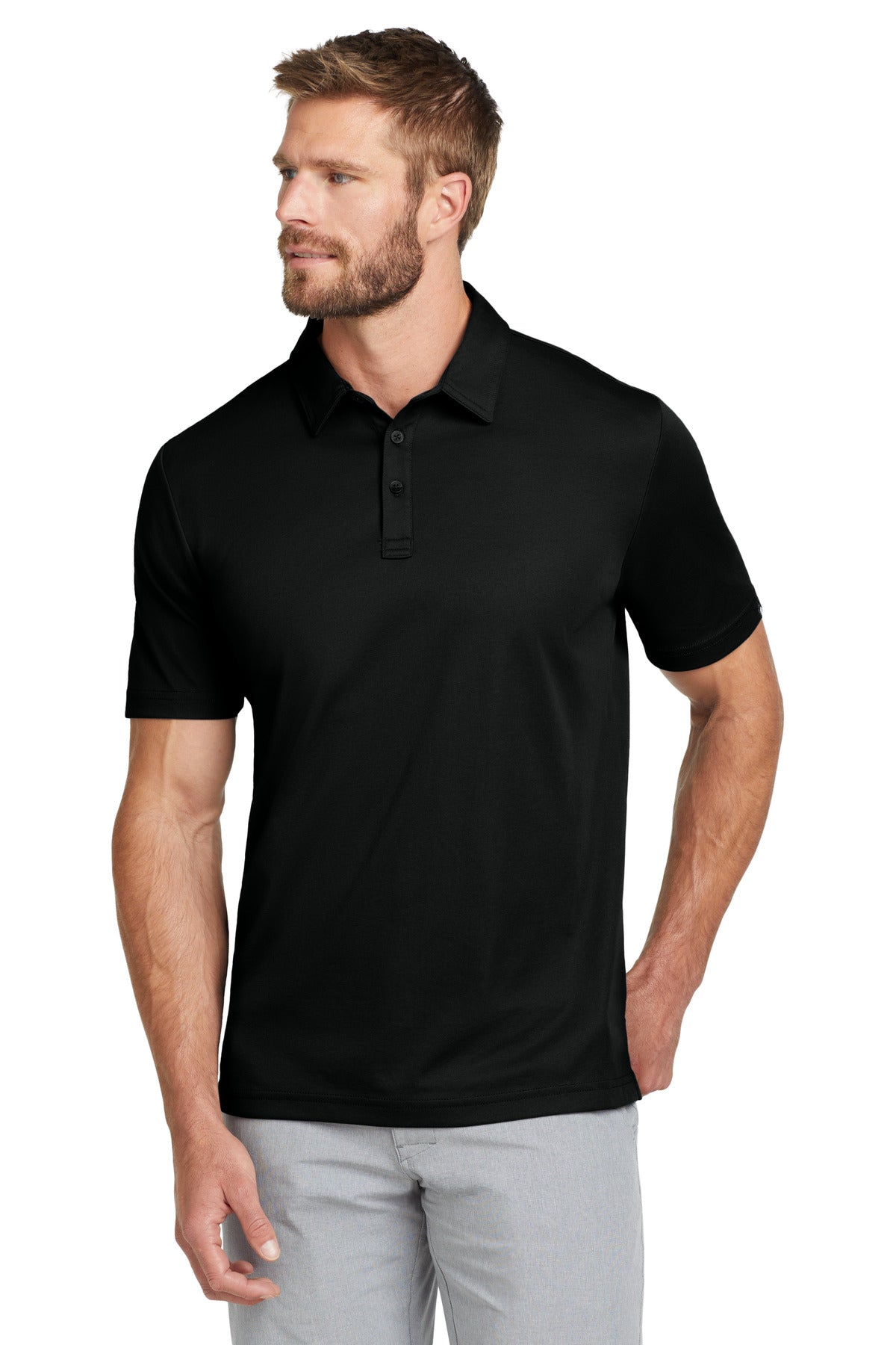 Front View of Black TravisMathew Oceanside Solid Polo. TM1MU411 plain