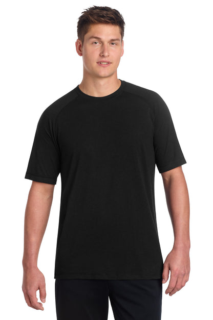 Front View of Black Triad So Sport-Tek PosiCharge Tri-Blend Wicking Raglan Tee. ST400 plain