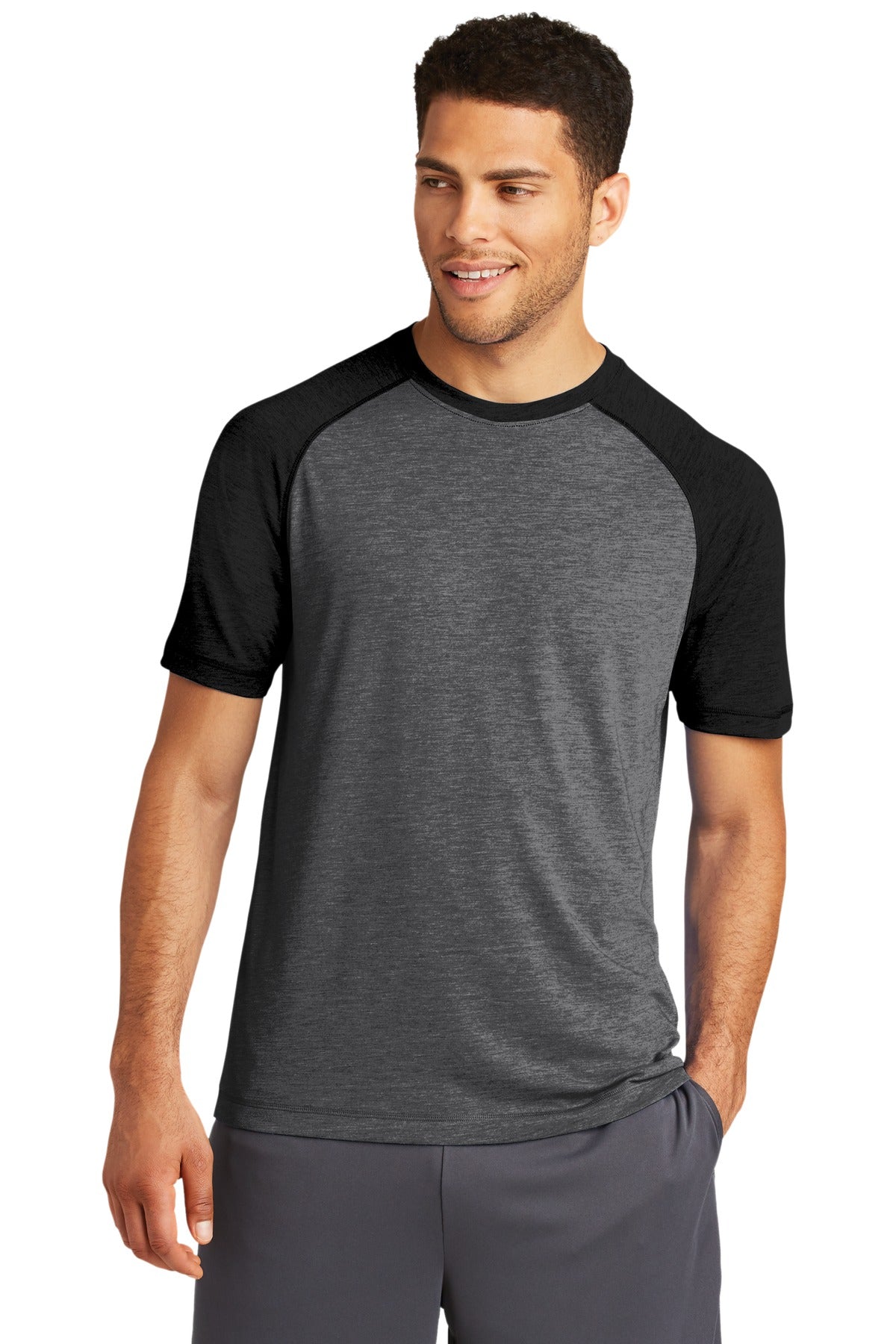 Front View of Black TS/DGH Sport-Tek PosiCharge Tri-Blend Wicking Raglan Tee. ST400 plain